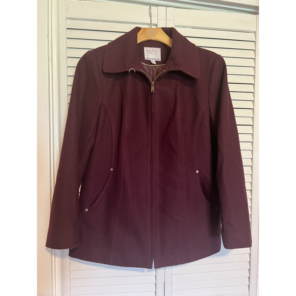 NAUTICA Women's Size XLarge XL Pea Coat Jacket Wool Blend Burgundy Full Zip